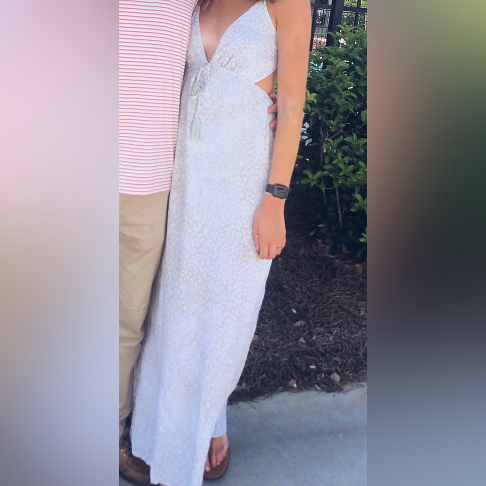 Amazing Lace brand green and white maxi dress with open back